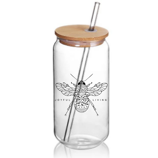 Joyful Bee Iced Coffee Tumbler - 16 Ounce Beer/Soda Can Glass with Bamboo Lid and Straw