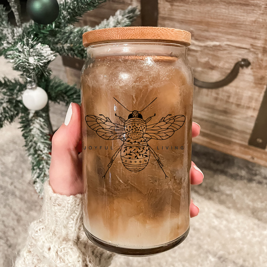 Joyful Bee Iced Coffee Tumbler - 16 Ounce Beer/Soda Can Glass with Bamboo Lid and Straw