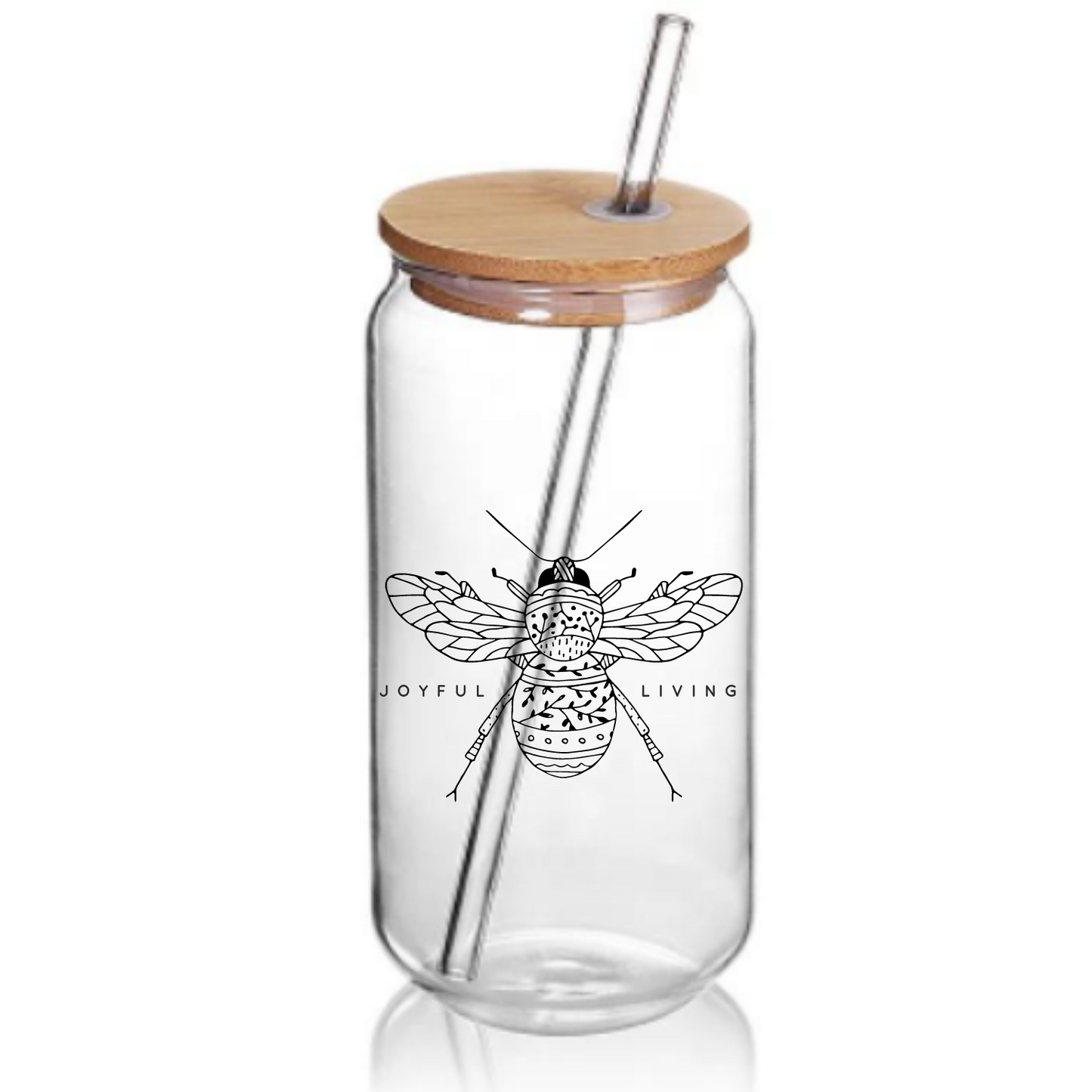 Joyful Bee Iced Coffee Tumbler - 16 Ounce Beer/Soda Can Glass with Bamboo Lid and Straw
